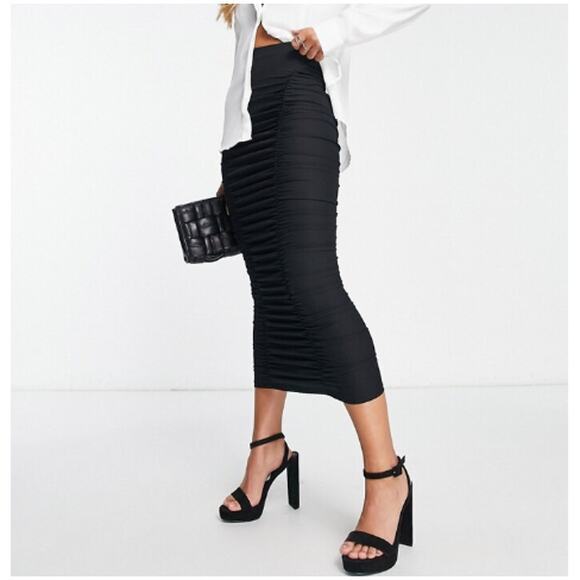 New NORDSTROM TOPSHOP Black Ruched Jersey Midi Skirt Size 8 - Picture 2 of 9